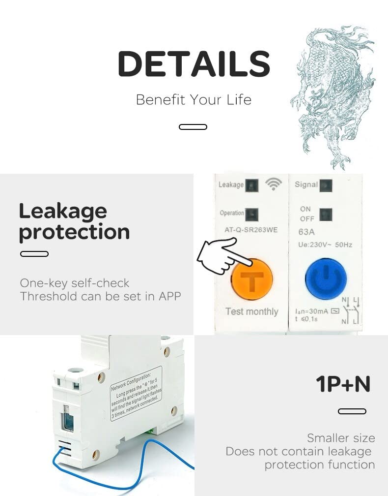 Disyuntor,Interruptor AutomáTico MagnetotéRmico 2P 63A DIN ​Rail WIFI Disyuntor Interruptor inteligente Control remoto por Smart Home con protección contra fugas(16A)
