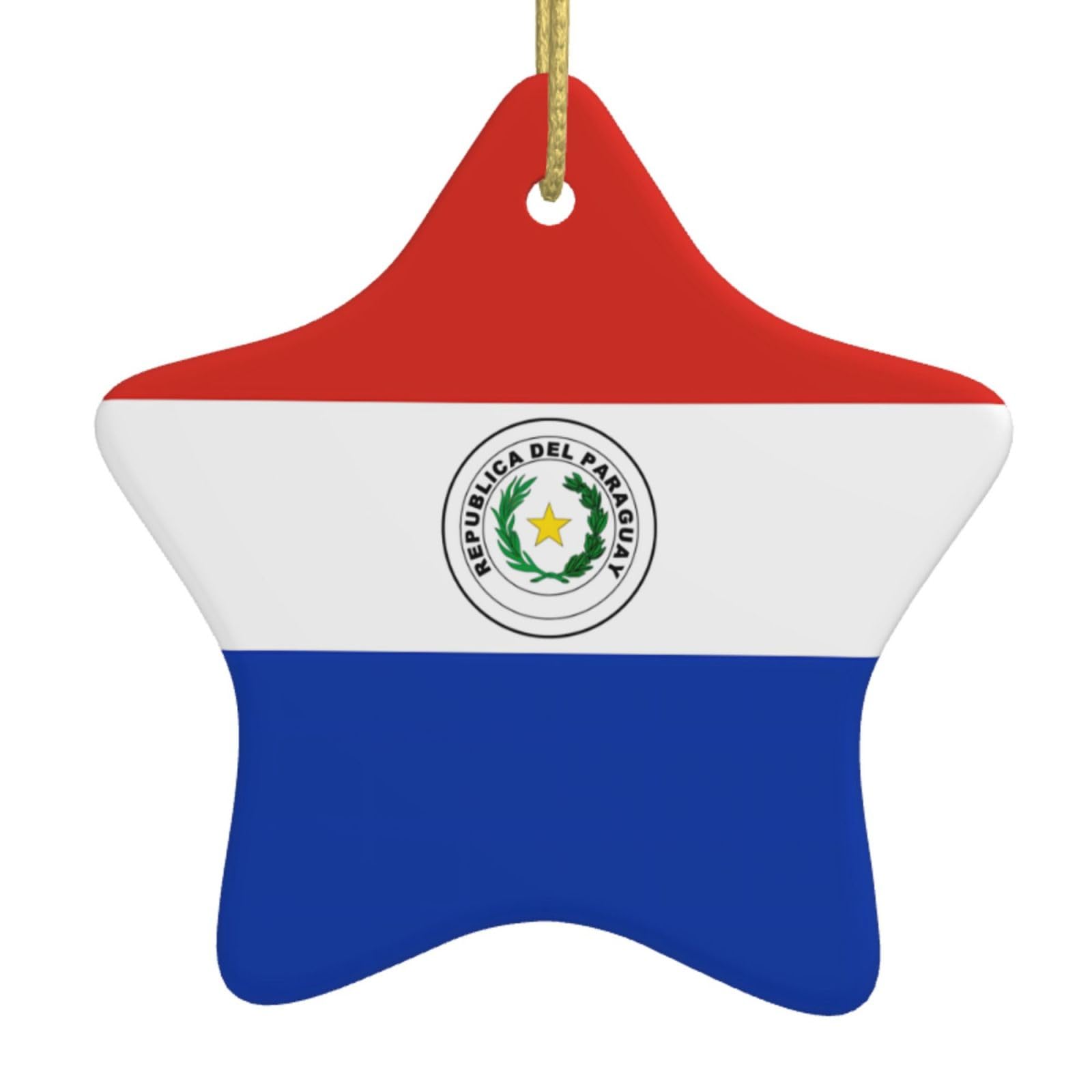 Flag of Paraguay Christmas Ceramic Star Pendant with Punched Holes and Gold Wire Rope, Christmas Tree Home Decoration