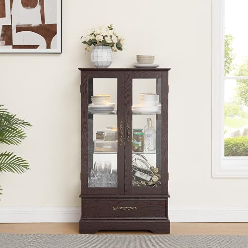 Image of 47 inch H Lighted Curio Cabinet Display Case, Glass Case with Adjustable Shelves,Tempered Glass Door and Drawer, Wooden Curio Cabinet with Mirrored Back Pane for Living Room (Dark Cherry)