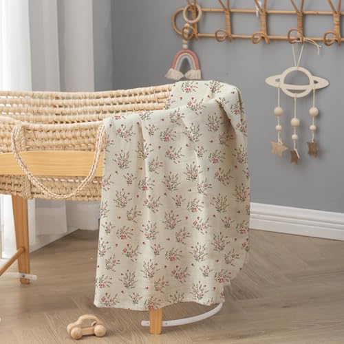 Image of Newborn Swaddle Set with Matching Hat and Headband Bow, Wooden Birth Announcement Card, Muslin Baby Swaddle Blankets for Girls, Wildflower Pattern