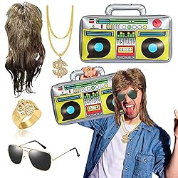 Fasching Karneval Kostüm 5 in 1: Vokuhila Set mit Perücke, Boombox & 80er/90er Party Accessoires – Werde zum Hip Hop Star!