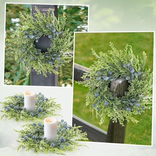 Image of 4 Pcs 3 inch Blueberry Candle Rings Spring Wreaths Mini Berries Table Centerpieces Wreaths Farmhouse Green Small Wreath for Pillars Kitchen Cabinet Front Door Porch Wall Decoration
