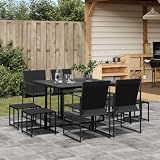 PUGYNBK Large Modern Garden Dining Set Black Powder-Coated Steel Foldable Outdoor Furniture for 8 People with Transparent Tempered Glass Tabletop and Weather Resistant Design