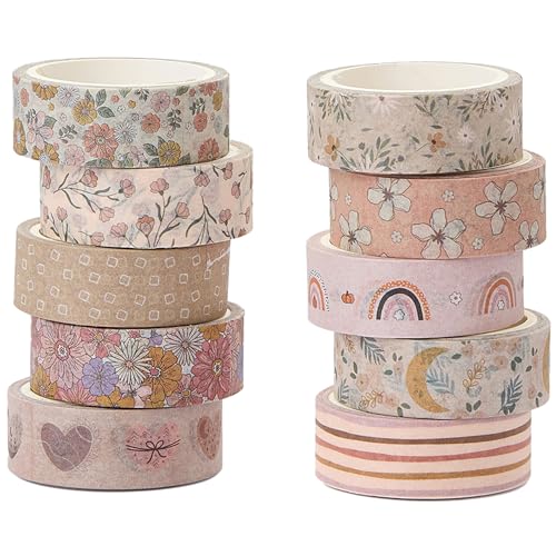 YUBX 10 Rouleaux Boho Washi Tape Set Masking Tape Motif floral Ruban décoratif pour Arts et travaux manuels de Bricolage, Scrapbooking, Bullet, Journal, Cadeaux,...