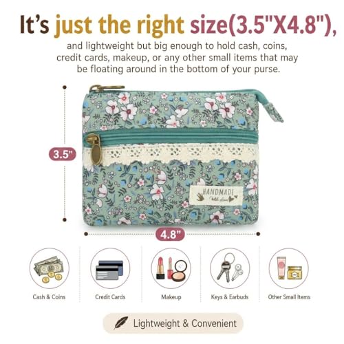 Image of Women Small Zipper Coin Purse, Handmade Fabric Flower Embroidered Change Pouch, Cotton Double Zipper Wallet