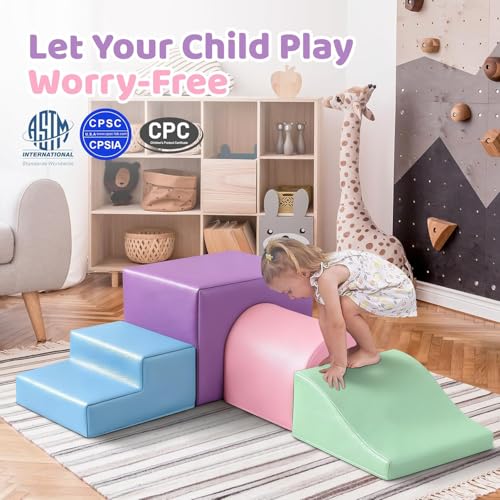 Image of Sumbababy Soft Climbing Blocks Set for Toddlers: 4 PCS Foam Play Structures with Tunnel - Indoor Playground for Kids with Slide and Stairs - Safe Play Gym for Boys and Girls