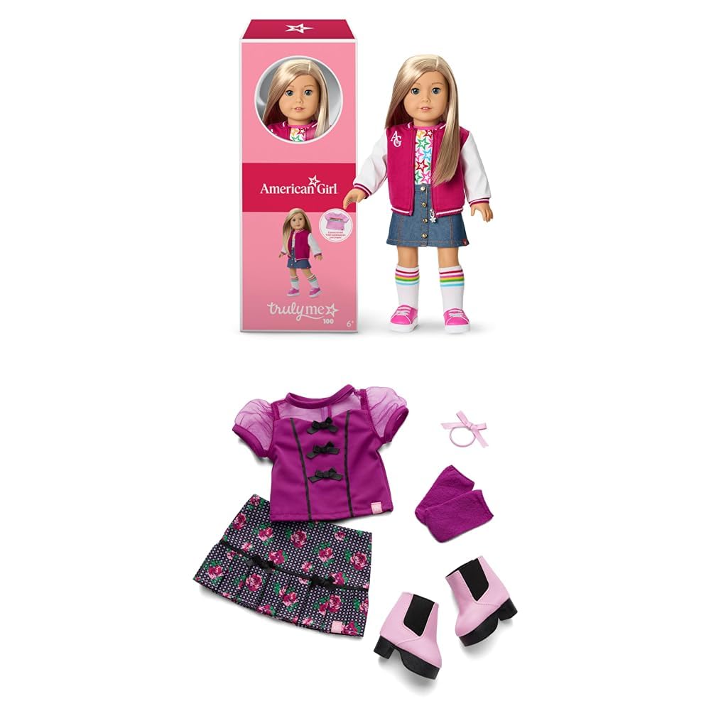 Bundle of American Girl, Truly Me 18-inch Doll #100 with Dark-Blue Eyes, Straight Blonde Hair, Light-to-Medium Skin, for Ages 6+ + Truly Me 18-inch Doll Outfit, Bows &amp; Blooms Outfit, for Ages 6+