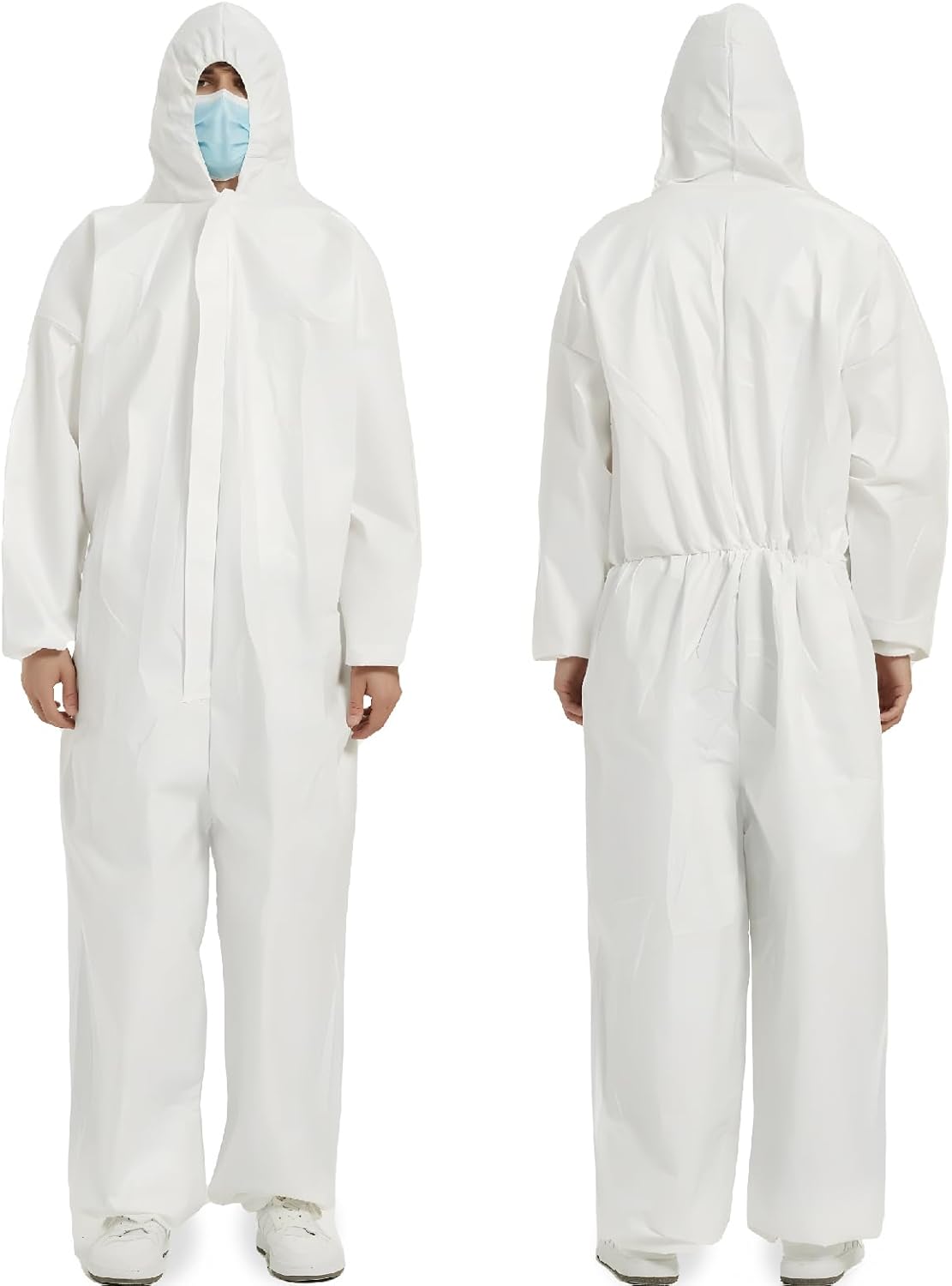 Hazmat Suit Disposable Coveralls 25 Pack, Microporous PP+PE Paint/Painters Suit with Hood, Breathable Full Body, Elastic Wrists & Ankles, Industrial Cleaning, White Hazmat Suit, Size L