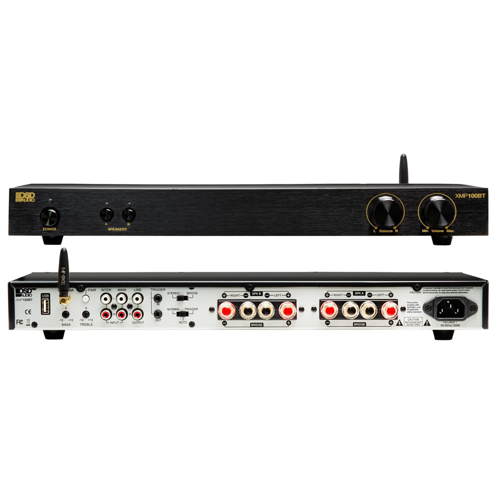 OSD Audio OSD XMP100 GEN2 2X 100W Class D High Power Stereo Amplifier, Bass and Treble Control 90 dB SNR, Wireless BT