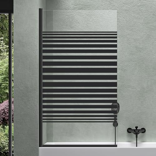 Mai & Mai Bath Shower Screen for Baths | Bath Screen | WH: 80×140cm | Safety Glass with Nano | 1 Folding Screen | Black Border | Frosted Striped Glass | Cortona201MS