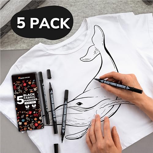 Image of Zenacolor 5 Dual-Tip Black Fabric Markers Permanent for Clothes - Fabric Paint Pens for Personalizing Shirts Bags Hats Canvas and Textiles