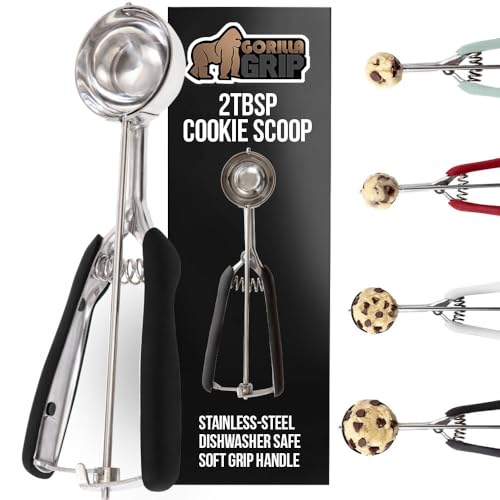GORILLA GRIP BPA-Free 304 Stainless Steel Cookie Scoop, 2 TBSP Scooper #40, Soft Grip Handle, Easy Food Release, Create Even Portions, Multipurpose Kitchen Melon Baller, Meatball Spring Scoops, Black
