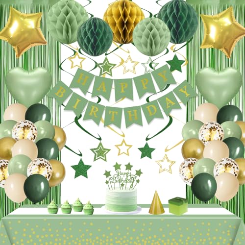 Image of Sage Green Gold Birthday Party Decorations Supplies Happy Birthday Banner Honeycomb Balls Fringe Curtain Foil Balloons Hanging Swirls Cake Topper Tablecloth Party Supplies for Women Girls