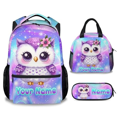 Kids Backpack with Lunch Box, Owl Backpacks for Girls, 17 Inch Personalized Toddler School Bag Set,