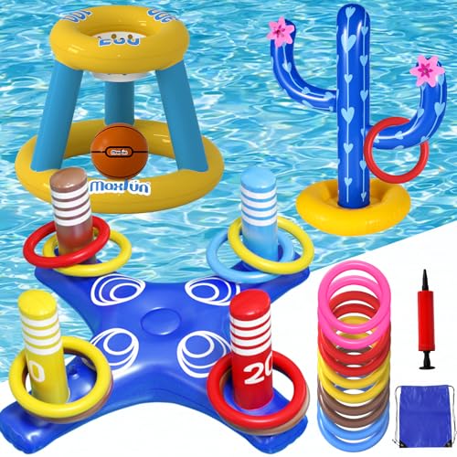 Max Fun Pool Toys Games Set, Inflatable Cross Ring Toss Games, Floating Pool Basketball Hoop, Inflatable Cactus Pool Floats for Kids Teens Adults Swimming Water Toys (3-Piece Set)