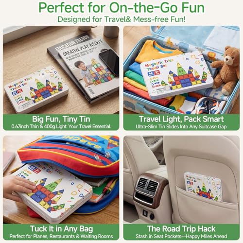 Image of Mini Magnetic Tiles for Kids Travel 60 Mins Quiet Play 30s Cleanup | 40 PCS Cartoon Tin Box Magnet Building Blocks to Stop Crying - Birthday Gift Boys Girls Age 3-8