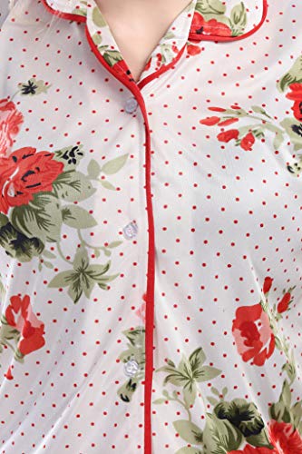 Image of Printed Night Suit for Women - Flower Print Satin Shirt and Pyjama Set (Front Open Collar Night Suit)