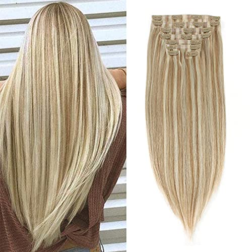 Sixstarhair PU Clip In Hair Extensions Highlight Ash Brown And Ash Blonde Seamless Clip In Human Hair Extensions Remy Hair 120g Pack 16 inch Hair Extensions
