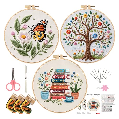 Image of KEKEMEOW 3 Sets Embroidery Kit for Beginners, Stitches with Books and Flowers, Embroidery Stitch Practice kit for Adults Craft Lover, Cross Stitch Kit with Pattern、Instruction、Hoop