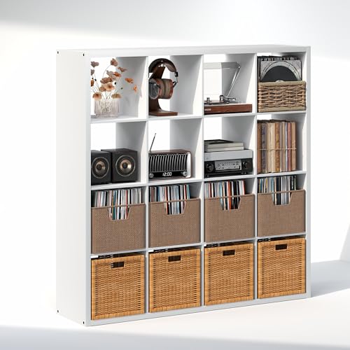 Image of Furinno Cubicle Record Player Stand, 16-Cube Vinyl Record Storage, White | Vinyl Storage, 1.2 inchInch Extra Thick, Open Back Media Shelf for CD DVD Bluray Game Disc, for Living Room, Home Office