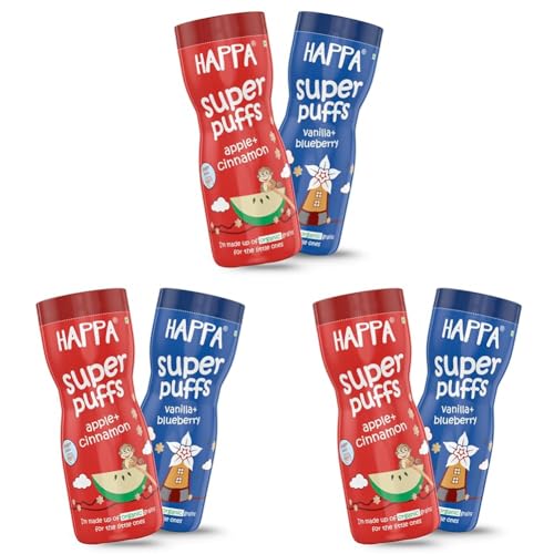 Image of Happa Organic Baby Puffs | Vanilla Blueberry and Apple Cinnamom Flavour | Made with Organic Ingredients | Melt-in-the-Mouth, Supports Self-Feeding & Baby-Led Weaning | No Artificial Flavours or Colours | Stage 2 (8 Months+) | Pack of 6 (40g Each)