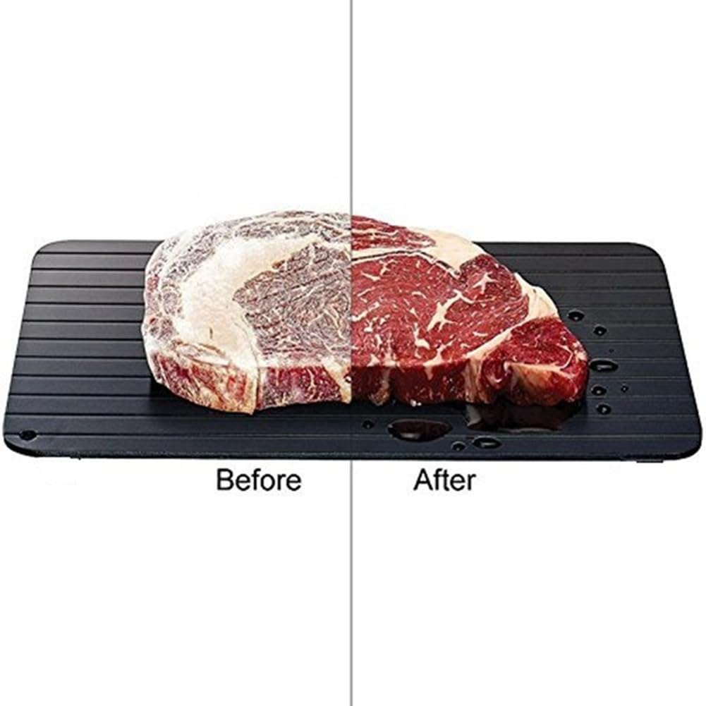 1 pz Vassoio di scongelamento Alimenti Piastra di scongelamento metallo Alluminio Nero Fast Safe Food Carne Casa Cucina Gadget (9.06 × 6.50 × 0.08in)