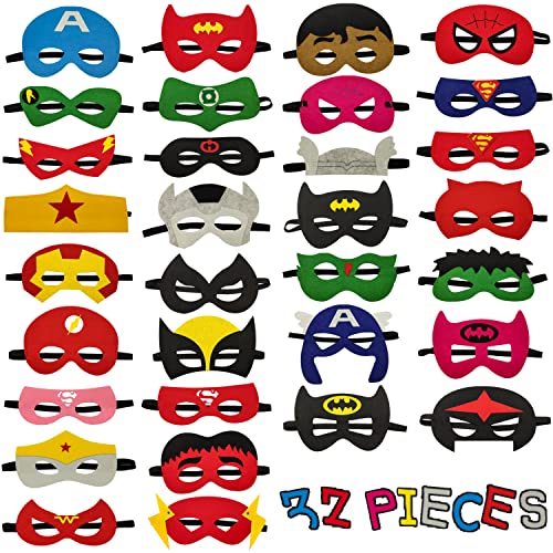 Goujfol Masque de Super Héros, 32 Pièces Cosplay Feutre Masque Enfant, Decoration Spiderman Anniversaire Deguisement, Super Heros Accessoires Noël Party Cadeaux Fete d'anniversaire Cover