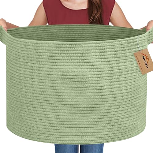 Image of MEGASKET Extra Large Green Basket, 22 inch X 22 inch X 14 inch Woven Cotton Rope Baskets for Blankets, Nursery Laundry Basket, Cute Kids Toy Storage Bin, Green Living Room Bedroom Decor Baskets for Organizing