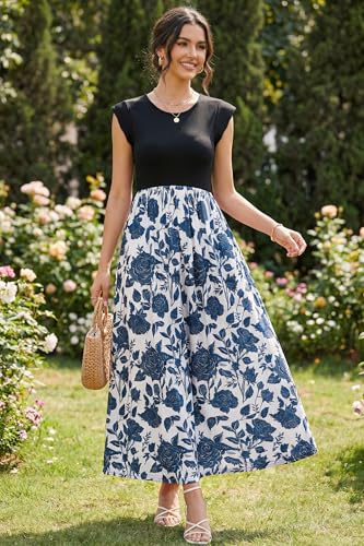 Image of OUGES Women's Maternity Dress Summer Ruffle Sleeve Patchwork Casual Flowy Maxi Dresses with Pockets