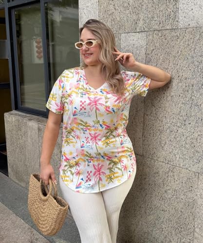 Image of TIYOMI Plus Size Tops for Women V Neck Tshirts Basic Tunic Casual Hawaii Floral Tie Dye Camo Summer Short Sleeve Tee XL-5XL