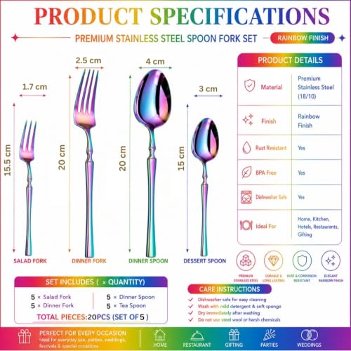 Image of Classic Rainbow 20 Pcs Stainless Steel Cutlery Set for Dining Table, Dishwasher Safe Glossy Flatware (Perfect Spoon Fork Set)