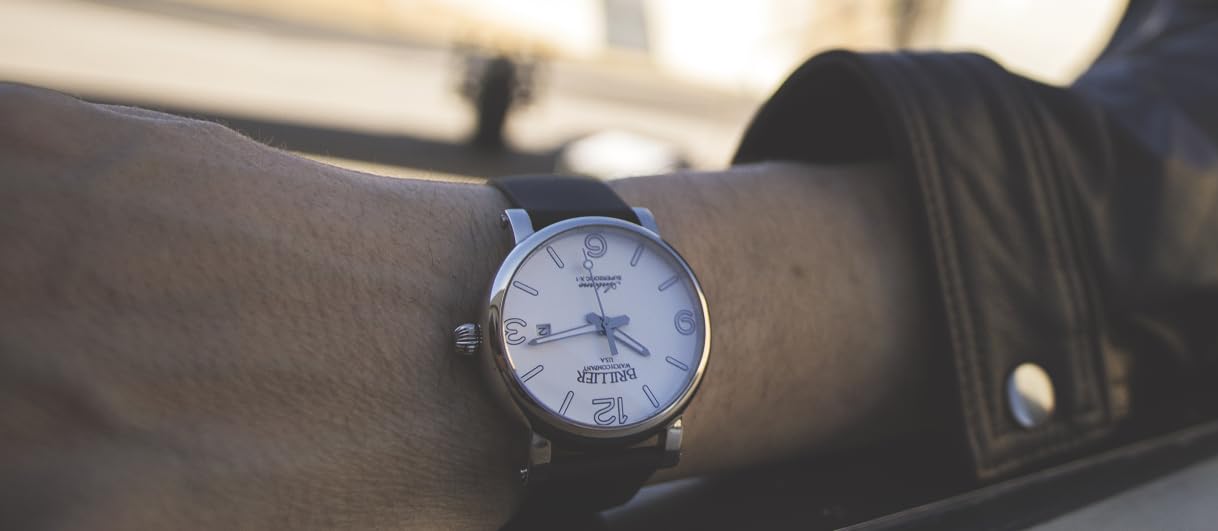 Brillier Men's 42 mm Automatic Dress Watch, Airborne X1, 660 ft WR, Easy to Read White DIAL(Green Glow in Dark), Blue Leather Strap ARBN42GR3