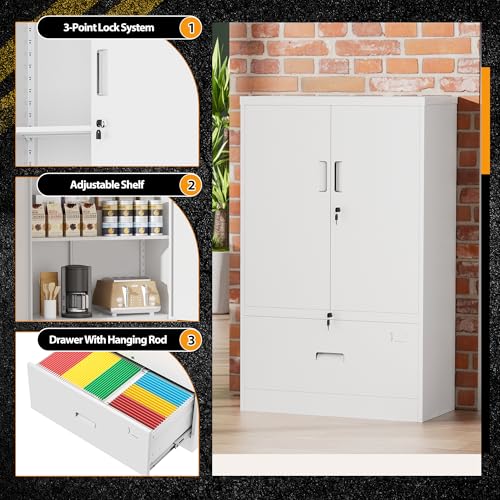 Image of INTERGREAT Metal Storage Cabinet with Drawer,52 inch H*32 inch W*16 inch D File Cabinets,Steel Locking Storage Cabinet with Doors and Shelves for Home,Office,Garage,School,Fit A4 /Letter /Legal File (White)