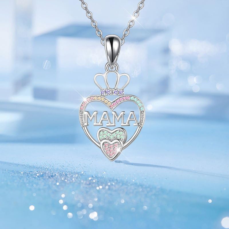 1 Pcs Mama Heart Crown Necklace Sterling Silver 18+2 Inch Adjustable Chain Sparkling Rhinestone Jewelry Trendy Birthday Gift for Mom Women Teen Girls