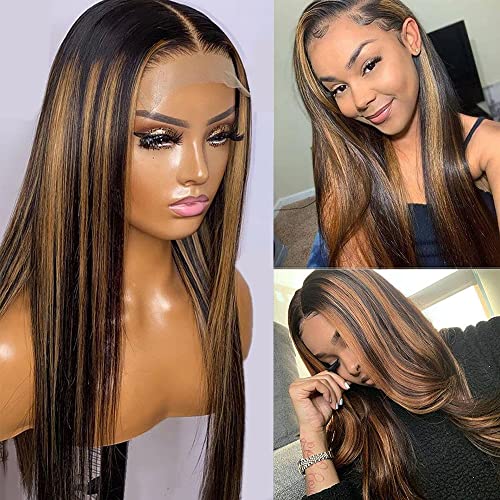 Haha Straight 4x4 Ombre Highlight Lace Front Wig Human Hair Honey Blonde Ombre Lace Closure Wig For Women Pre Plucked 18 Inch 150% Density Balayage FB30
