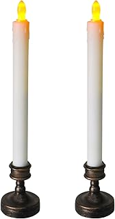 2pcs Flameless Taper Candles with Brown Holders, Battery Operated Taper Candles , LED Taper Candlesticks for Christmas Home Wedding Fireplace Decor (Yellow Flickering)
