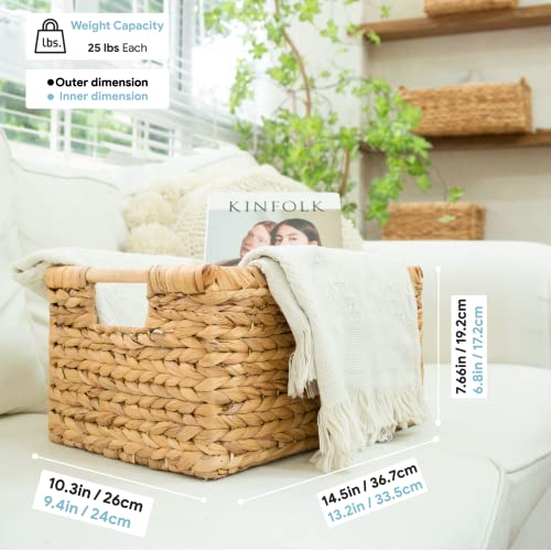 Large Wicker Basket Rectangular With Wooden Handles For Shelves, Water Hyacinth Basket Storage, Natural Baskets For Organizing, Wicker Baskets For Storage 14.5 X 10.3 X 7.2 Inches - 3 Pack #TOP5