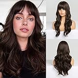 Piaou Dark Brown Wavy Long Wig with Bangs, Heat Resistant Synthetic Wig for Women, 21-23 Inches Head Circumference