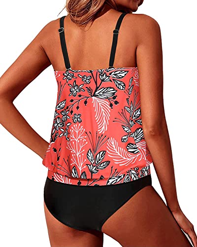 Image of Yonique Women Vintage Chevron 2 Piece Ruched Padded Tankini Set Flyaway Top With Triangle Brief Bottom Bathing Suit
