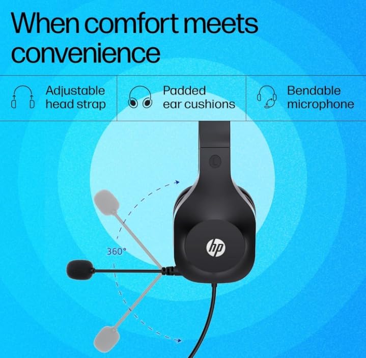 Image of HP H125 Stereo USB Headset,Plug-and-Play USB-A, Built-in Noise-canceling mic, Adjustable Head Strap, Padded Ear Cushions, 360-degree Bendable mic, 1-Year Limited Warranty, Black, A20QHAA