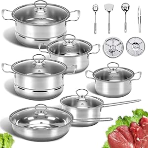 Gugxiom 18-Teiliges Edelstahl-Kochgeschirr-Set, Topfset mit Glasdeckeln und kühler Griff, Geeignet für Induktionsherde und Alle Herdarten