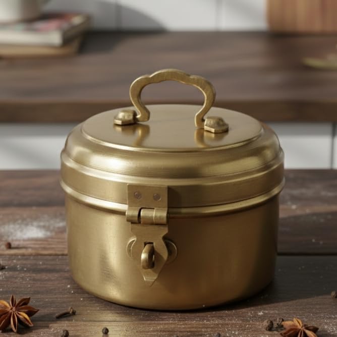 Vintage Rare Pure Brass Round Shape Box with Handle & Locking System | Peetal Traditional Beautiful Design | Decorative Storage Container Antique Collectible Box - 6 x 6 Inch-image-19