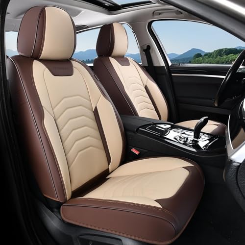 Image of Coverado Seat Covers, Car Seat Covers Front Seats, Faux Leather Automotive Seat Covers Luxury Waterproof Car Seat Cover Protectors Carseat Cover Universal Fit for Most Cars Trucks SUV, Coffee&Beige
