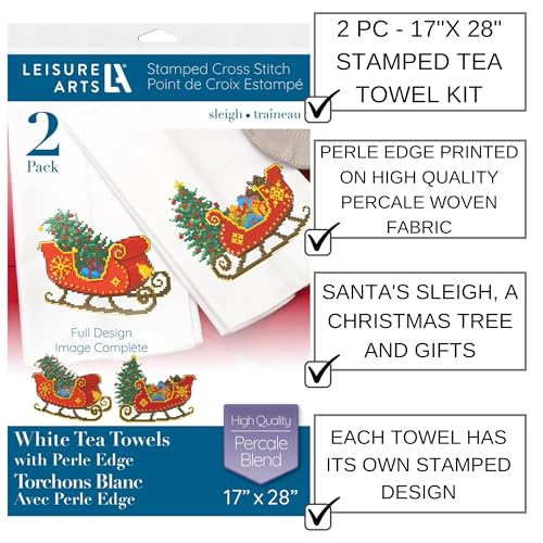 Image of LEISURE ARTS Stamped Tea Towel, Sleigh, 17x28 Inch, Perle Edge, 2 Pack | Pre-printed sleigh design, 17x28 in percale fabric 51% cotton 49% polyester. Perle edge. Stitch chart. Pack of 2.