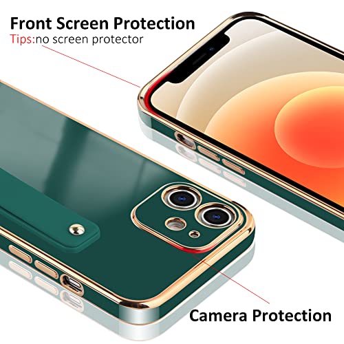 Teaught Case For Iphone 12 Soft Tpu Dark Green Plating With Adjustable Wristband Kickstand Slim Cover Anti-Scratch Shockproof Protective Case For Women Girls Men #TOP3