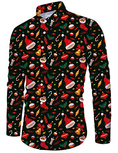 Goodstoworld Camisas de Navidad para Hombre Camisas Feas de Navidad Camisas de Manga Larga Estampadas con Gráficos de Duende para Navidad