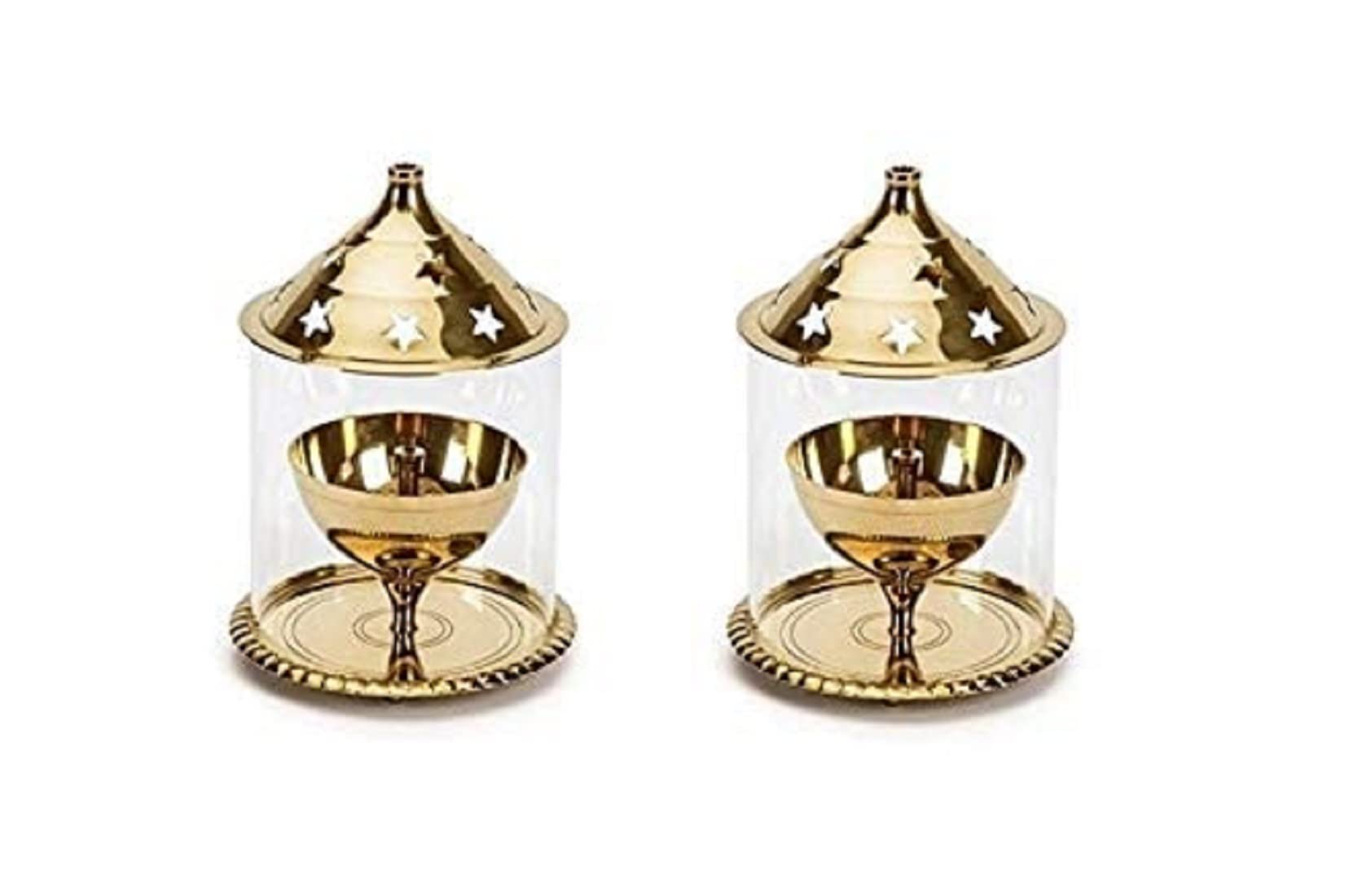 A & S VENTURES Beautiful Brass Akhand Diya with Borosilicate Glass Cover Set of 2 for Diwali Puja, Temple, Puja Ghar, Festivals (Height: 4.8 inch), Gold, Medium