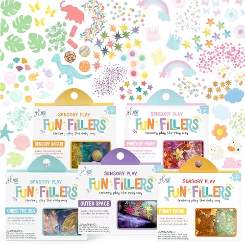 Image of Glo Pals Fun Fillers Sensory Play Accessories Pack, Themed Accessories for Sensory Bins (Epic Adventures - Fairy, Farm, Safari, Sea + Space)