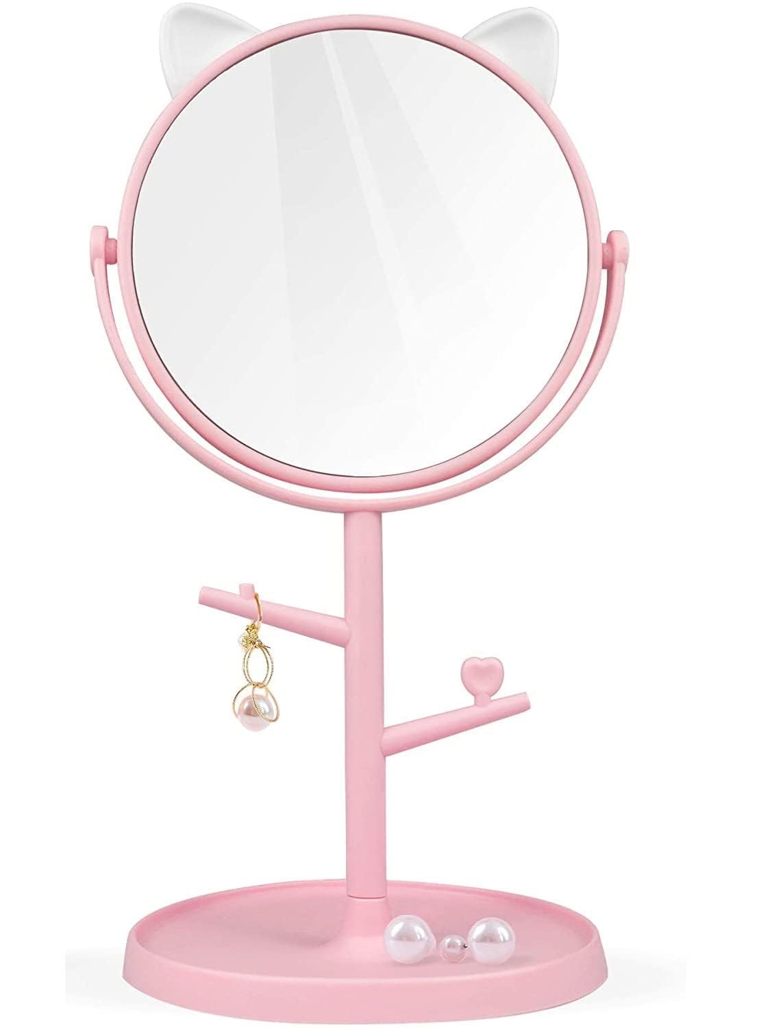 Nityashree Cute Desk Mirrors, Rotatable Makeup Mirror in Cat Ears, 6 Inch Vanity Mirror with Storage Tray, Cosmetic Mirrors, Tabletop Dresser Mirror with Stand for Bedroom Spa Party (White)-image-3