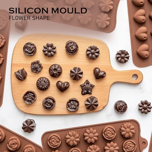 Image of HS Flower Shape Silicone Mould, Non-Stick Food Grade Silicone Mould for Chocolate, Candy, Jelly & Ice Cube (Brown)